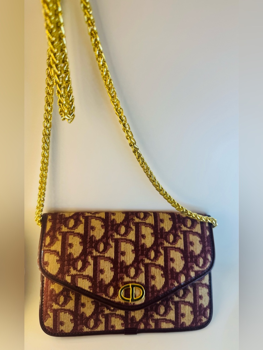 Christian Dior Vintage Oblique Wallet On Chain Burgundy Bordeaux Monogram AUTH